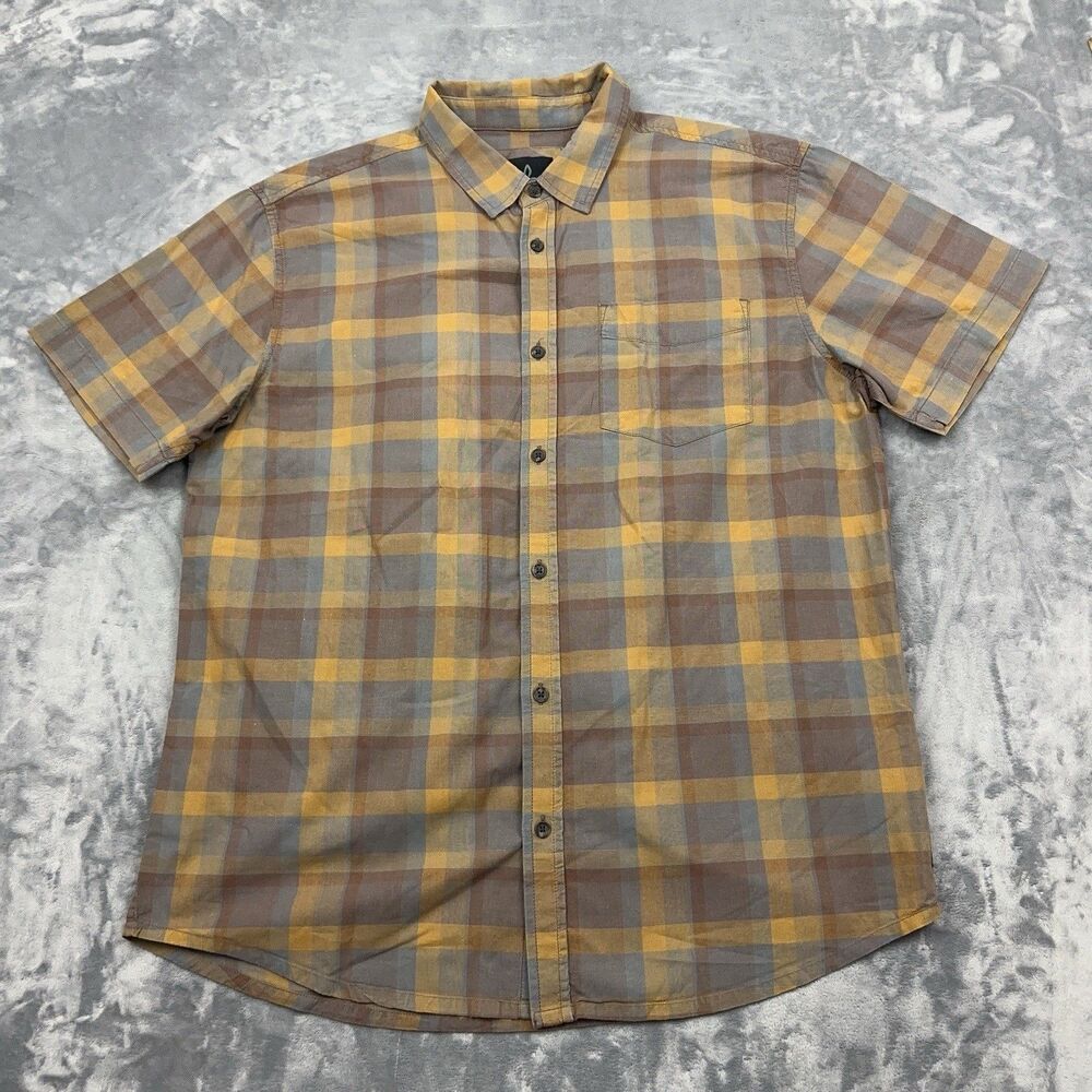 prAna Bryner Shirt Mens Size L Gray Yellow Plaid Short Sleeve Button Up